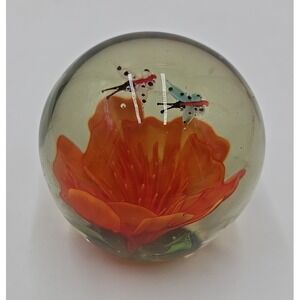 Vintage‎ Hand Blown Art Glass Paperweight Orange Flower & 2 Bumble Bees Bubbles